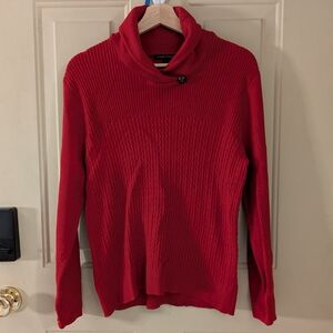 Red Cotton Cowl Neck Sweater Button Detail Cozy Ribbed Knit